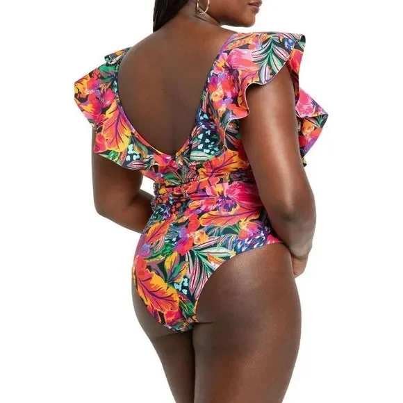 ELOQUII Ruffle Tie Waist One-Piece Swimsuit NEW size 16 - Picture 2 of 9